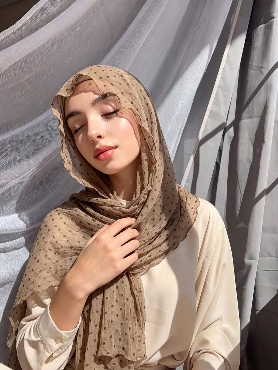 1PC Women's Polka Dot Print Ruffle Edge Headscarf, Bohemian Style Fashion Crinkle Headscarf, Streetwear Versatile Soft Breathable Scarf, Suitable For Daily Wear