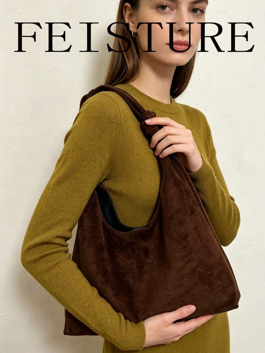 FEISTURE 2件組純色麂皮材質單肩托特包 大容量通勤購物包，適合女孩、女性、大學生、職場新人與白領上班族，完美適用於工作、商務、通勤、學校