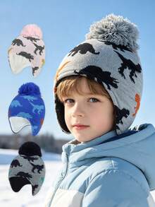 1PC Little Kids Jacquard Knit Earflap Beanie, Dinosaur Pattern Pom‑Pom Hat For Boys Casual Outdoor Outfits - 1PC - View 1