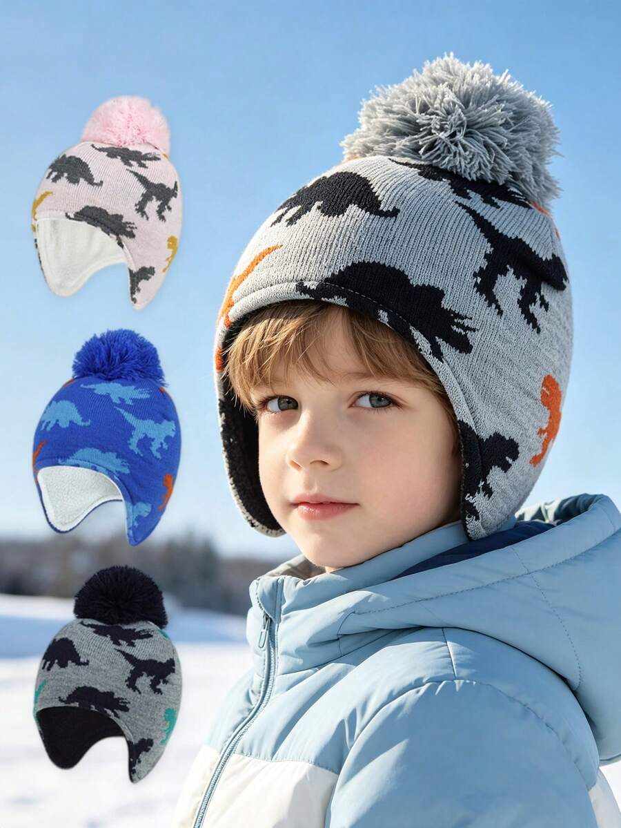 1PC Little Kids Jacquard Knit Earflap Beanie, Dinosaur Pattern Pom‑Pom Hat For Boys Casual Outdoor Outfits - 1PC - View 1
