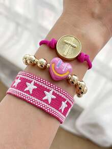 Fashionable And Simple Heart-Shaped Smiling Face Cross Circular Pendant Bracelet With Copper Beads And Fringes. Adjustable Wristband For Women. - Multicolor - View 8