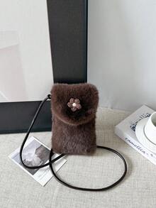 1pc Vintage Plush Flower Phone Bag For Women, Autumn/Winter Small Versatile Flap One Shoulder Crossbody Bag, Suitable For Travel, Vacation, Daily Shopping, Gift For Mom - Coffee - View 11