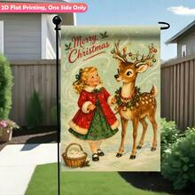 11.8 X 17.7 Inch 2D Flat Polyester Garden Flag, Single-Sided Printed Decorative Flag, Vintage Little Girl & Reindeer Merry Christmas Theme, Suitable For Garden, Porch, Balcony, Yard, Winter Outdoor Decor, Nostalgic Style Welcome Hanging Flag, Flag Pole Not Included - A - View 4