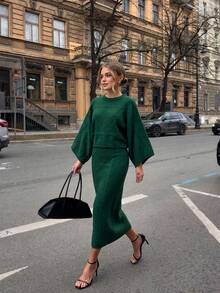 Green Cable Knit 2 Pieces Set, Round Neck Batwing Sleeve Crop Sweater & Midi Skirt Fall Matching Outfit - Green - View 7