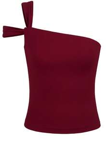 New European Style Women Tank Top Asymmetrical Design Fitted Elegant T-Shirt Summer - Wine Red - View 6