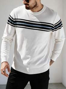 Men's Beige Crew Neck Knit Sweater With Contrast Horizontal Stripes On Chest, Old Money Style, Light Business Casual Pullover Layering Top For Autumn/Winter - White - View 6