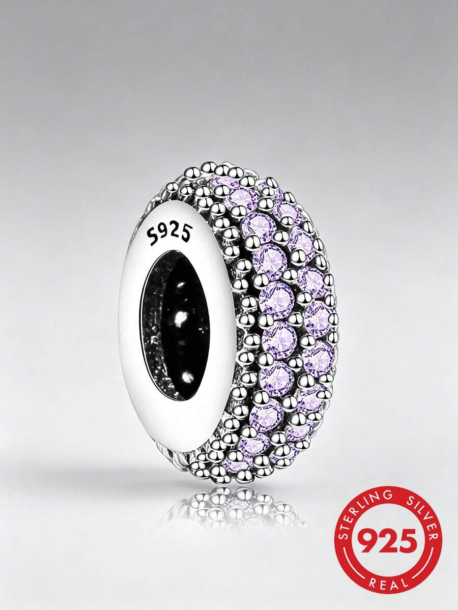 RADIVIDE 1pc 925 Sterling Silver Purple Cubic Zirconia Pave Spacer Bead DIY Bracelet Large Hole Bead Accessory - Silver - View 1