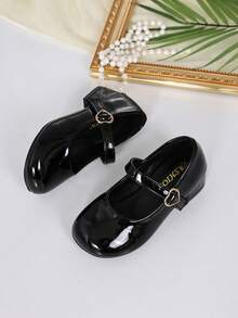 Black Shiny Heart-Shaped Buckle With A Straight Buckle, Low Thick Heel, Mary Jane Shoes, Girls' Performance Dress, Shoes - Black - View 6