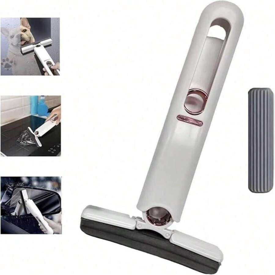 Portable Mini Self-Squeezing Mop, Hands-Free Powerful Water Absorption Wet & Dry Dual-Use Mop, Replaceable Mop Head, Reusable, Suitable For Desktop, Kitchen Countertop, Bathroom Sink, Floor Cleaning, Best Cleaning Assistant