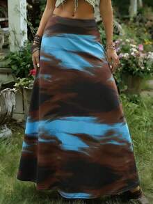 Women's Plus Size Flowy Maxi Skirt, Unique Abstract Print, Knit Fabric A-Line Silhouette, Versatile For Daily Wear - Dark Brown - View 5