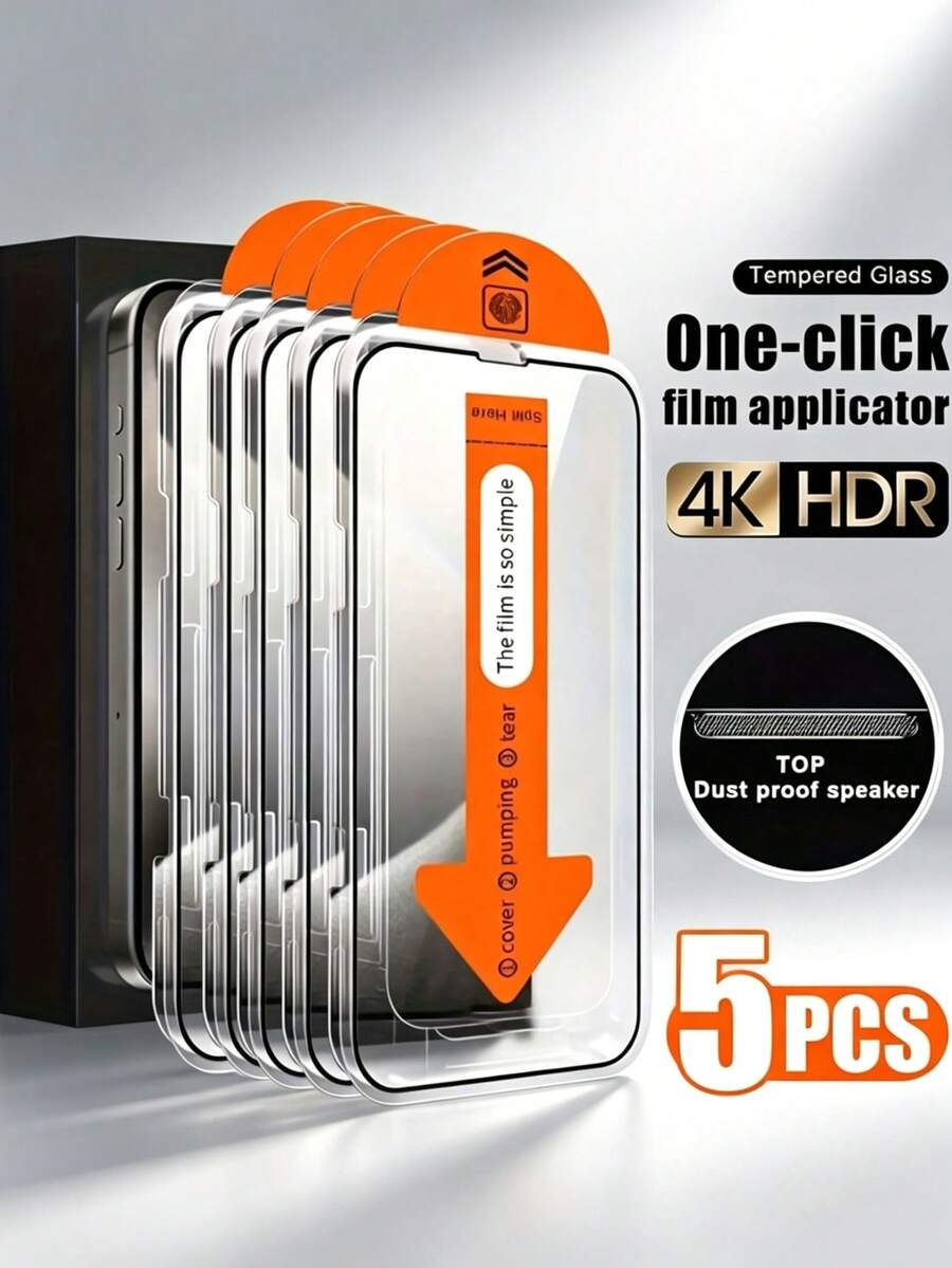 5pcs Ultra HD Tempered Glass Screen Protector, Compatible With IPhone 17/17 Air/15 Pro Max/16 Pro Max/16/15/14/13/12/11/Plus/Mini/XS Max/XR/X, One-Tap Installation, 9H+ Tempered Glass Film, Anti-Fingerprint, Full Coverage, Compatible With Phone Cases - Clear - View 1