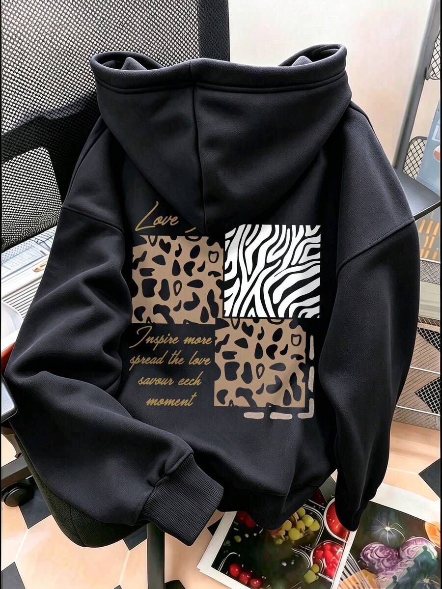 Women's Hooded Sweatshirt, Autumn/Winter New Letter Print, Drawstring Design, With Pockets, Casual Versatile Loose Top, Fashionable Daily Wear - Black - View 1