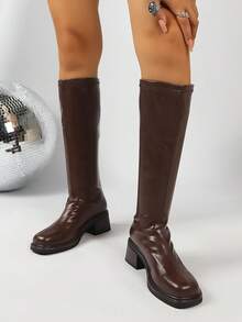 Women's Knee-High Boots With Ruched Texture, Front Center Seam, Loose Straight Leg, Large Round Toe, Wood-Grain Chunky Square Heel, European And American Retro Style, Urban Commute, Street, Party, Date, Autumn/Winter, Dark Brown - Brown - View 2