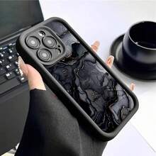 Matte Black Contrast Frame Phone Case, Dark Grey Gold Foil Ink Marble Print Shockproof Soft TPU Protective Cover With Raised Camera Lens Frame, Compatible With Apple 11, 12, 13, 14, 15, 16, 17 Pro Max, Luxury Minimalist Unisex Style Phone Case For Men And Women - Black - View 2
