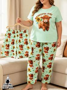 Plus Size Women's 3 Pieces Casual Loungewear Pajama Set, Animal Sunflower Highland Cow Print Design, Round Neck Short Sleeve Top With Pink & White Plaid Elastic Shorts And Long Pants, Soft Comfortable Loose Fit, Suitable For Outdoor Women's Pajamas And Loungewear, Wearable All Year Round - Mint Green - View 1