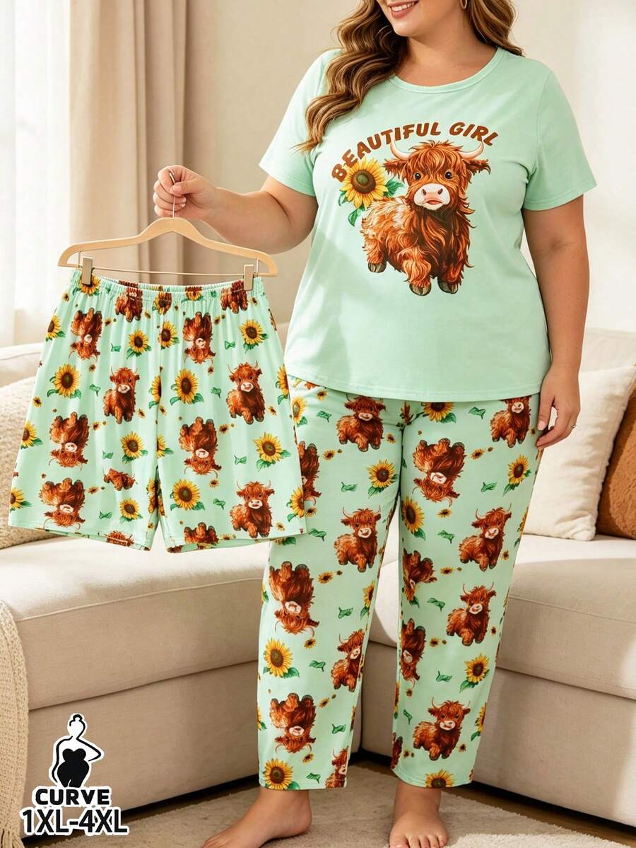 Plus Size Women's 3 Pieces Casual Loungewear Pajama Set, Animal Sunflower Highland Cow Print Design, Round Neck Short Sleeve Top With Pink & White Plaid Elastic Shorts And Long Pants, Soft Comfortable Loose Fit, Suitable For Outdoor Women's Pajamas And Loungewear, Wearable All Year Round - Mint Green - View 1