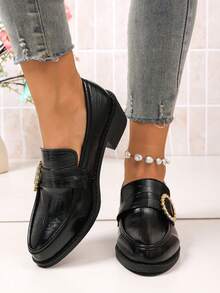 British Style Chunky Heel Loafers Women Soft Leather Slip-On Metal Buckle Commuter Shoes - Black - View 2