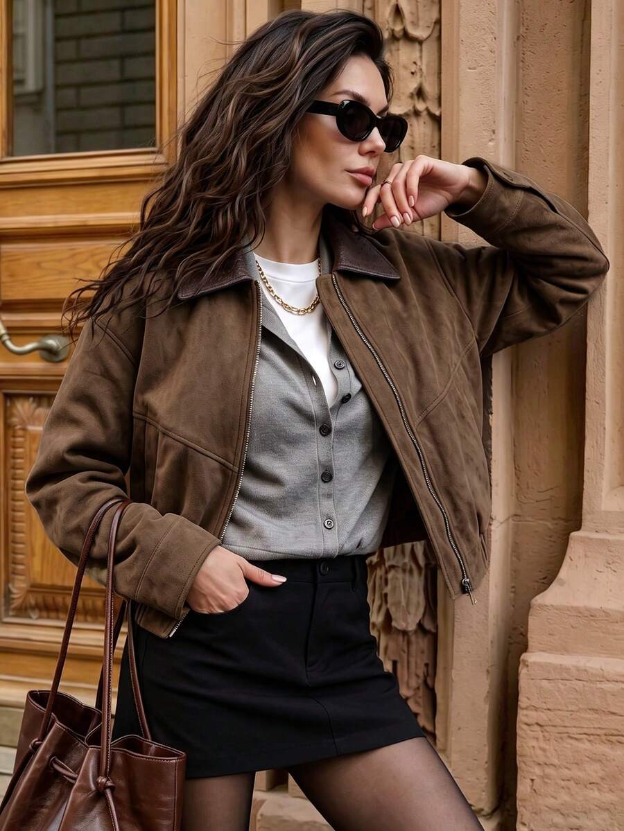 minisummer Women Elegant Fall/Winter Brown Faux‑Suede Cropped Jacket, Contrast Lapel Zip‑Up Long‑Sleeve Bomber Coat With Pockets - Coffee Brown - View 1