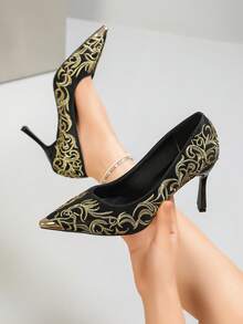 European And American Style Gold Embroidered Floral Pattern Pointed Toe Stiletto High Heel Pumps For Women, Elegant Versatile Low Vamp Evening Shoes - Gold - View 6