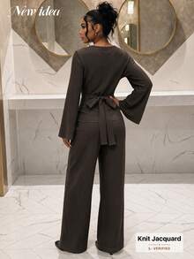 NEW IDEA Women's Casual Elegant Coffee Fall Winter Two Pieces Set, V Neck Flare Long Sleeve Top & Wide Leg Pants Set For Daily, Commute, Going Out - Army Green - View 2