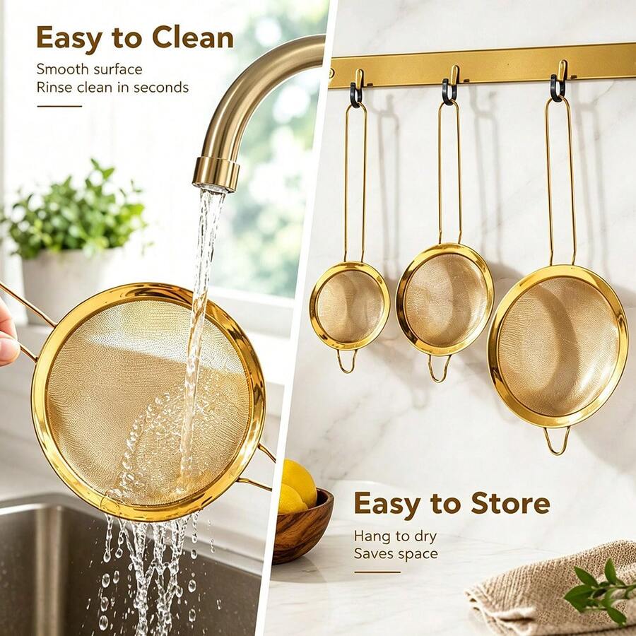 3pcs/1pc Set Gold Fine Mesh Flour Sieve, Kitchen Strainer, Baking Tool, Kitchen Accessory, Cookware, Tableware - Gold - View 1