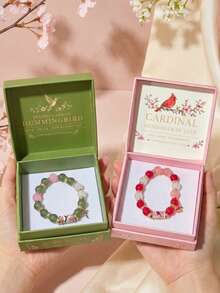 2pcs/Set Bohemian Style Hummingbird & Cardinal Bracelet Set, Floral Bird Beaded Jewelry With Gift Box, Women's Birthday Gift, Daily Wear - Green + Pink - View 6