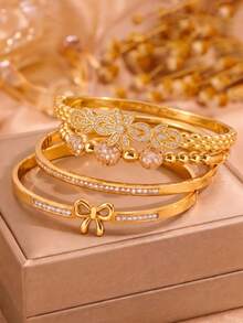 4/1pcsSweet Luxury Gold‑Tone Stainless Steel Bangle Set, Radiate Your Understated Elegance - Gold - View 5