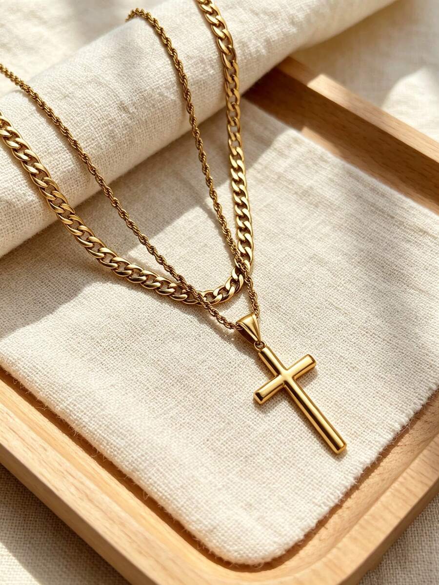 2pcs/Set Vintage Stainless Steel Gold-Plated Chain & Twisted Rope Chain Cross Necklace, Unisex, Daily Wear, Holiday Wear, Niche Luxury, Fashionable Versatile - Yellow Gold - View 1