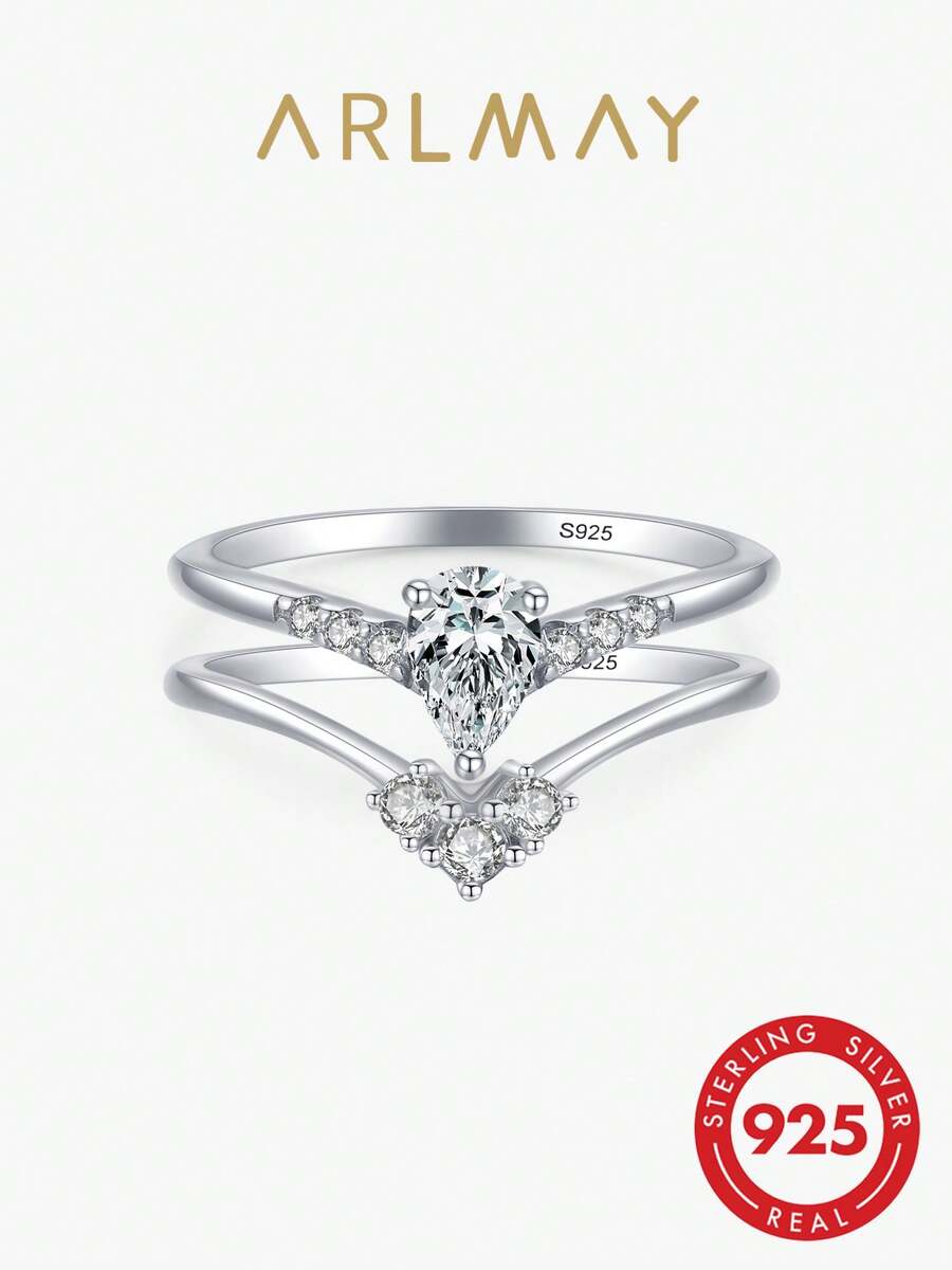 Arlmay 2pcs Personalized 925 Sterling Silver Ring Set Can Be Worn Alonefor Women Exquisite Wedding Jewelry Gifts - Silver - View 1
