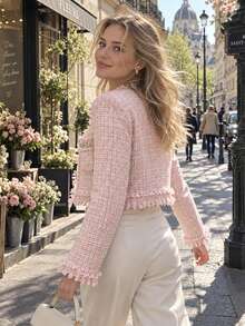Perirose Women's Pink Tweed Short Jacket Long Sleeve Fringe Trim Open Front Blazer, Rhinestone Details, Elegant Commuter Fashion Outerwear For Autumn/Winter - Pink - View 2