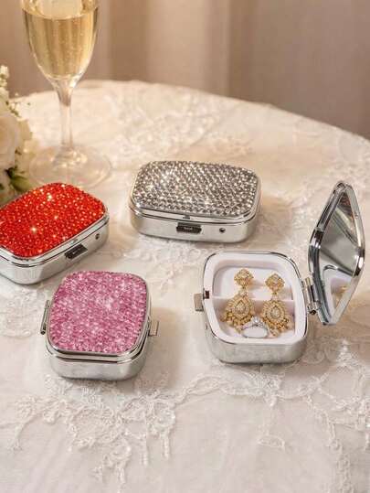 Cutie mini de bijuterii strălucitoare cu strasuri și oglindă, cutie mini de depozitare pentru inele și cercei cu 2 compartimente, etui portabil de călătorie pentru femei, accesorii esențiale de călătorie