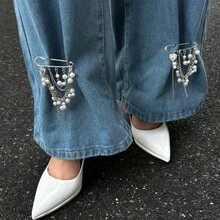 1pc Fashionable Faux Pearl Heart Pendant Pants Chain, Minimalist Tassel Chain Shortened Pants Chain, Sweet Cool Style Faux Pearl Chain Brooch Pants Decoration, Niche Design Jeans Accessory - Silver - View 3