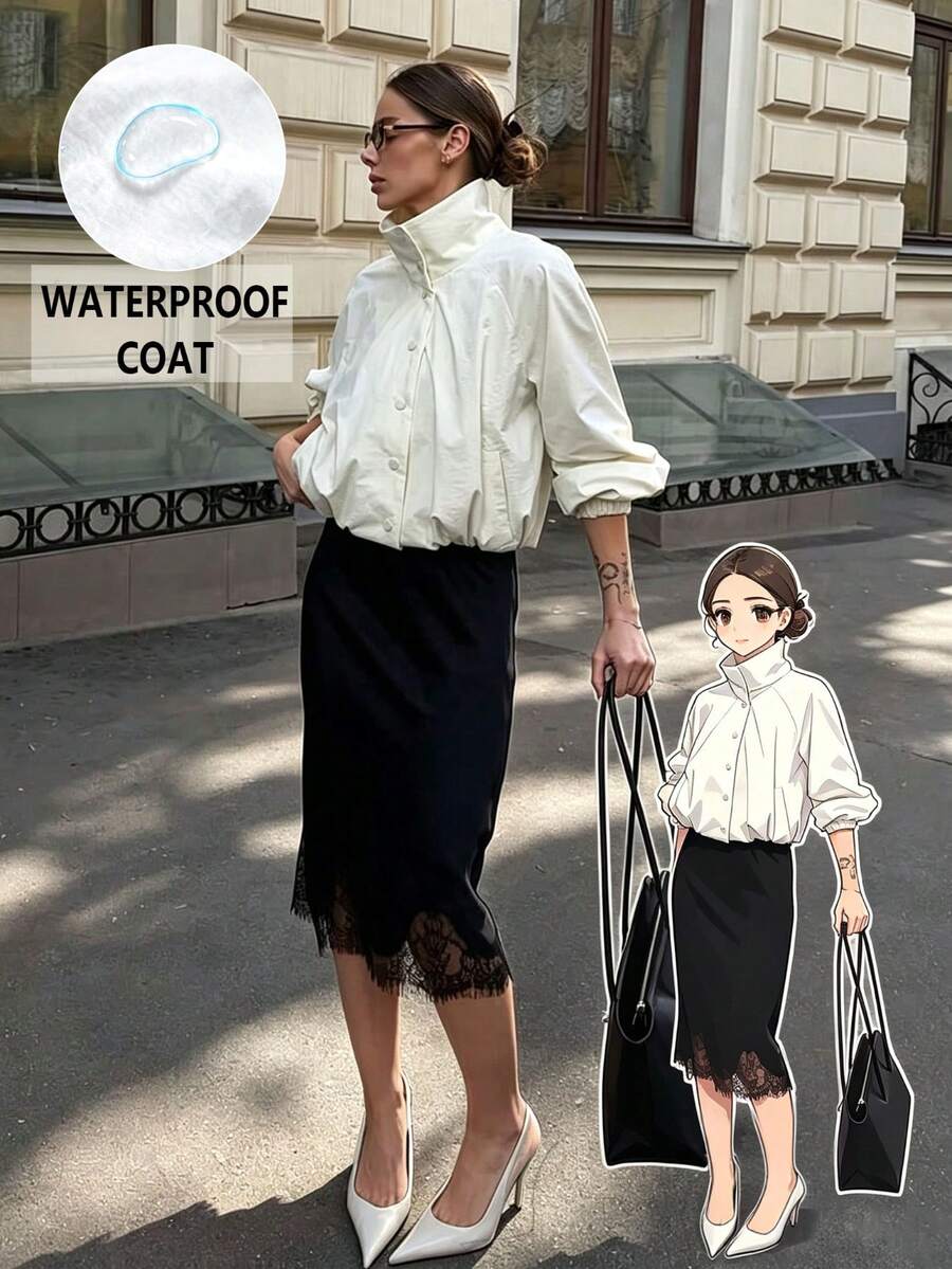 Women's White Flare Collar Short Jacket With Buttons And Pockets, Long Sleeve Woven Fabric, Suitable For Autumn Wear