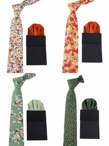 ZONFAZ Set Dasi Pria Motif Bunga 2 Buah & Sapu Tangan Saku Polos, Lembut & Ramah Kulit, Cocok Untuk Pernikahan, Pertemuan, Pesta - MultiWarna - View 2