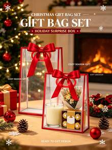 Red Rim Transparent Plastic Gift Bags, With Die-Cut Handle, Reusable PP Gift Bags, With Ribbon, Suitable For Graduation, Wedding, Bridal, Birthday,Christmas, And Wedding Anniversaries. Small Business,Christmas Lovers Gift,Christmas Gifts - Multicolor - View 3