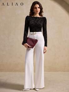 Aliao Autumn/Winter Faux Knit Lace Patchwork Cold Shoulder Long Sleeve Slim Fit Base Layer Top, Date & Party Style - Black - View 8