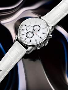 Men's Fashion White PU Leather Quartz Watch, Zinc Alloy Round Case, Suitable For Daily Wear, Work, And Gift Giving - Multicolor - View 6