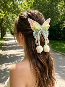 1/2pcs Embroidered Mesh Butterfly Scrunchie With Rhinestone Heart Decor And Tulip Pendant, Gentle Hair Tie For Girls - Multicolor - View 6