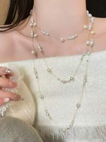 1pc Women's Multi-Layer Necklace, Gold-Tone Copper Material Faux Pearl Star-Studded Beaded Layered Necklace With CZ Inlay, Elegant Versatile Necklace Suitable For Daily Wear, Shopping, Autumn Accessory - Multicolor - View 1