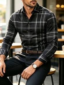 Men's Casual Dress Shirt With Plaid Pattern For Multiple Occasions, Dining And Business - Essential Gift For Men - Black - View 3