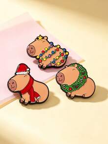 1pc/3pcs Cute Assorted Christmas Capybara Pattern Brooch, Fun Metal Enamel Badge, Creative Decor Backpack Pin, Christmas Holiday Gift - Multicolor - View 2