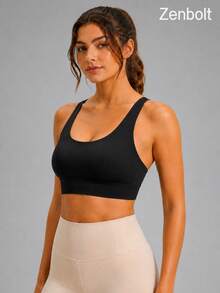 ZenBolt Bra Olahraga Jala Wanita Model U-Neck dengan Tali Ganda, Bantalan Terintegrasi, Dukungan Sedang, Cocok untuk Yoga, Gym, Lari, dan Olahraga Lainnya. - Hitam - View 8