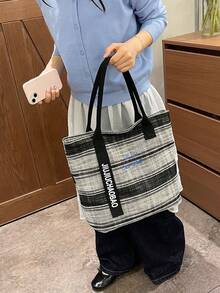 Striped Woven Tote Bag, Letter Printed Webbing Decor Large Capacity Shoulder Handbag, Wide Shoulder Strap Casual Bag For Women Daily Work School - Multicolor - View 5