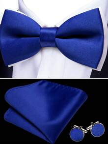 4Pcs Men Solid Blue Butterfly Bow Tie Pocket Square Cufflinks Brooch Set For Wedding Business Party - Blue - View 4