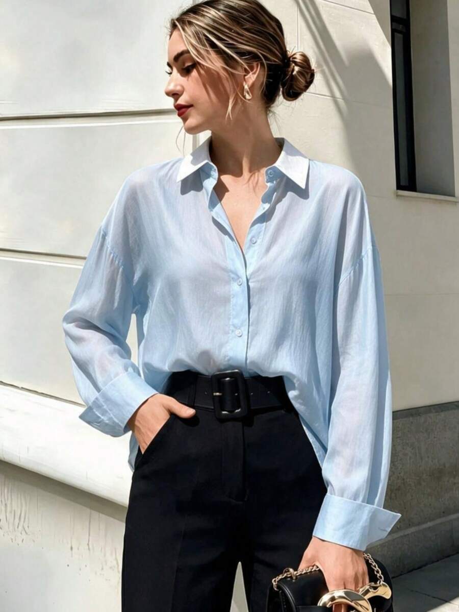 Women's Solid Color Drop Shoulder Long Sleeve Single-Breasted Casual Semi-Sheer Blouse Spring - Light Blue - View 1