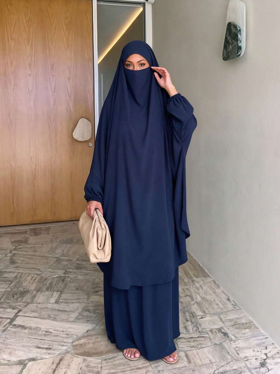 2件組祈禱阿巴雅套裝含希賈布,彈性袖口端莊穆斯林女裝,全覆蓋伊斯蘭禮拜服 - 10# 藏青 - 查看 1