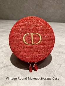 DIOR Vintage Red Woven Round Storage Box With Gold CD Logo Double Zipper Jewelry Box, Portable Travel Makeup Bag, Skincare Storage Bag, Girls Earring Necklace Jewelry Organizer - Red Round Woven Bag - View 1