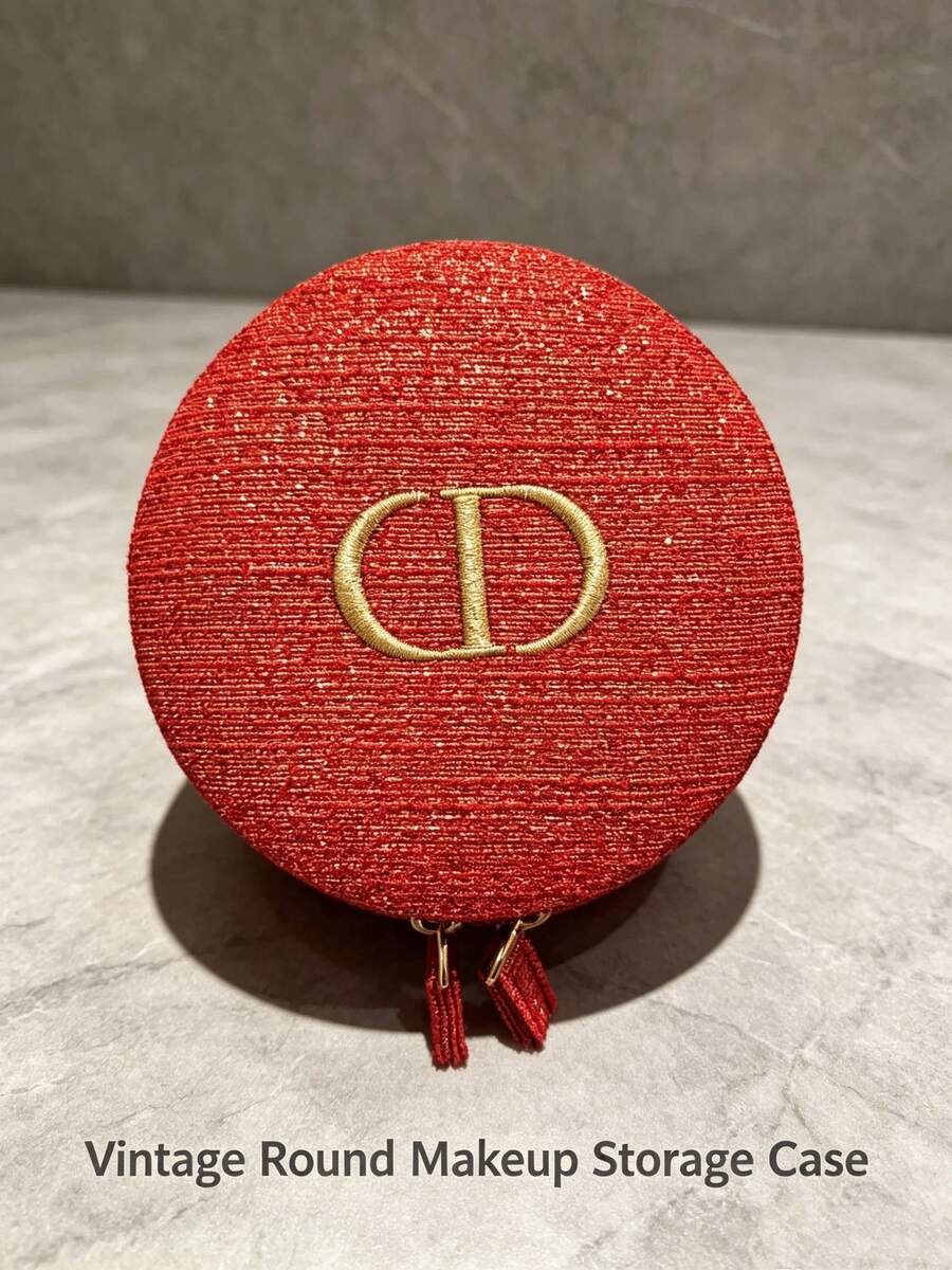 DIOR Vintage Red Woven Round Storage Box With Gold CD Logo Double Zipper Jewelry Box, Portable Travel Makeup Bag, Skincare Storage Bag, Girls Earring Necklace Jewelry Organizer - Red Round Woven Bag - View 1