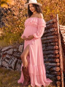 Maternity Ruffle White Long Sleeve Ruffle Hem Dress, High Slit Floor Length Gown, Loose Belly-Covering Maternity Dress For Pregnancy Photoshoot, Vacation, Party - Pink - View 1