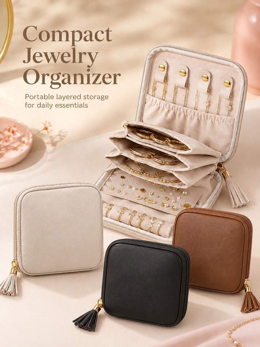 Travel Jewelry Organizer Box, Small Jewelry Pouch With Compartments, Suitable For Women's Travel, Can Store Necklaces, Earrings, Bracelets, Perfect As A Gift For Mom, Friends, Random Style,Travel Essentials,Make Up Storage Organiser